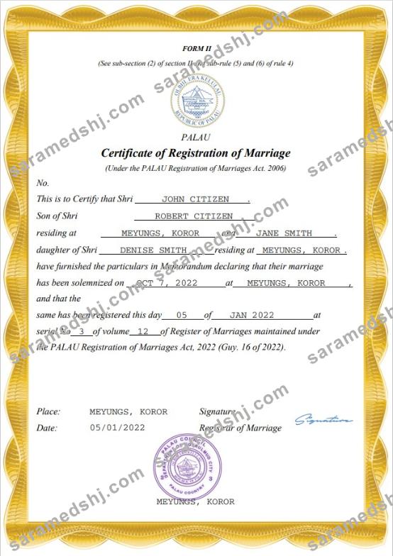 Palau marriage certificate Word and PDF template